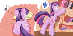 Size: 1280x642 | Tagged: safe, artist:fromamida, twilight sparkle, pony, unicorn, g4, bipedal, book, both cutie marks, butt, female, golden oaks library, mare, plot, reading, solo, twibutt