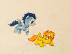 Size: 1024x768 | Tagged: dead source, safe, artist:kaoru6302, soarin', spitfire, g4, colt, female, filly, foal, male, ship:soarinfire, shipping, straight, younger