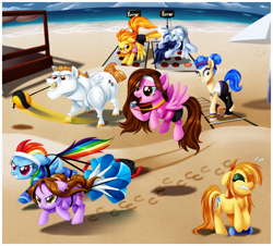 Size: 2577x2327 | Tagged: safe, artist:centchi, bulk biceps, rainbow dash, sapphire shores, soarin', spitfire, oc, pegasus, pony, g4, beach, coach, high res, training, whistle, whistle necklace