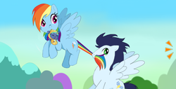 Size: 670x341 | Tagged: safe, artist:gamblingfoxinahat, rainbow dash, soarin', oc, oc:sky dust, pony, g4, baby, baby pony, colt, implied doctor horse, male, offscreen character, offspring, parent:rainbow dash, parent:soarin', parents:soarindash, ship:soarindash, shipping, straight, swaddling, tail bite, tail pull