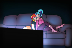 Size: 1800x1200 | Tagged: safe, artist:scorpdk, sonata dusk, sunset shimmer, human, equestria girls, g4, breasts, busty sonata dusk, cleavage, clothes, colored pupils, commission, couch, cuddling, female, humanized, lesbian, midriff, on side, one eye closed, open mouth, ship:sunata, shipping, sitting, smiling, snuggling, socks, television, watching, wink