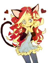 Size: 660x843 | Tagged: safe, artist:memoneo, sunset shimmer, kemonomimi, equestria girls, g4, my little pony equestria girls: rainbow rocks, :3, adorable face, cat ears, cat tail, catgirl, clothes, cute, eared humanization, female, heart, jacket, jeans, looking at you, neko, nekomimi, nyanset shimmer, pants, pastel, shimmerbetes, solo, tail, tailed humanization, weapons-grade cute