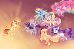 Size: 3000x2000 | Tagged: dead source, safe, artist:loyaldis, applejack, fluttershy, pinkie pie, rainbow dash, rarity, spike, sunset shimmer, twilight sparkle, pony, unicorn, g4, heart eyes, high res, mane seven, mane six, rainbow power, twilight sparkle (alicorn), wingding eyes