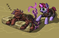 Size: 1108x722 | Tagged: safe, artist:nukechaser, fallout equestria, /foe/, braid, braiding, dock, dock piercing, magic, piercing, raider, sleeping, telekinesis