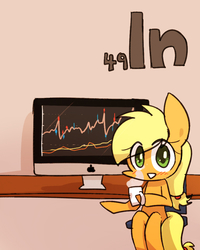 Size: 800x1000 | Tagged: safe, artist:joycall6, part of a set, applejack, series:joycall6's periodic table, g4, anatomically incorrect, apple (company), blushing, coffee, computer, drink, eye clipping through hair, female, hoof hold, incorrect leg anatomy, indium, looking at you, macintosh (computer), missing accessory, monitor, mug, periodic table, sitting, smiling, solo