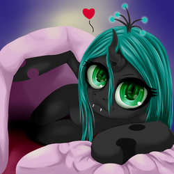 Size: 750x750 | Tagged: safe, artist:nipa, queen chrysalis, changeling, changeling queen, g4, bed, female, heart, pixiv, solo