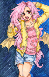 Size: 1090x1691 | Tagged: safe, artist:fir3h34rt, fluttershy, human, g4, bat wings, blood, clothes, female, flutterbat, humanized, solo, sweater, sweatershy, traditional art, winged humanization