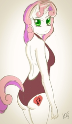 Size: 750x1280 | Tagged: safe, artist:hellpato777, sweetie belle, unicorn, anthro, g4, ass, breasts, butt, clothes, cute, cutie mark, female, older, one-piece swimsuit, open-back swimsuit, sexy, sideboob, simple background, solo, swimsuit, traditional art