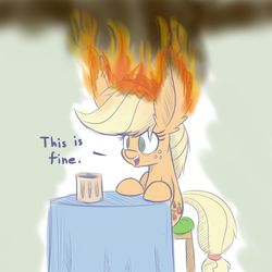 Size: 800x800 | Tagged: safe, artist:heir-of-rick, applejack, earth pony, pony, daily apple pony, g4, burning, chair, dialogue, ear fluff, empty eyes, female, fire, funny, gray background, impossibly large ears, mug, no catchlights, no pupils, on fire, open mouth, simple background, sitting, smiling, smoke, solo, stool, table, this is fine, wat