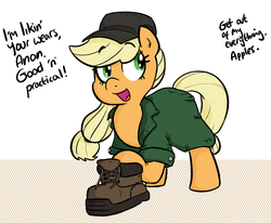Size: 866x712 | Tagged: safe, artist:shoutingisfun, applejack, g4, boots, clothes, dialogue, female, hat, mlpgdraws, shirt, solo