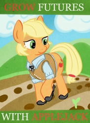 Size: 515x704 | Tagged: safe, artist:tanmansmantan, applejack, earth pony, pony, g4, alternate hairstyle, clothes, farm, female, high heels, poster, shirt, shoes, short mane, solo, vest