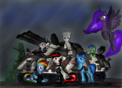 Size: 2500x1800 | Tagged: safe, artist:setharu, rainbow dash, oc, oc:blackjack, oc:boo, oc:deus, oc:lacunae, oc:morning glory (project horizons), oc:p-21, oc:rampage, alicorn, cyborg, earth pony, pegasus, pony, unicorn, fallout equestria, fallout equestria: project horizons, g4, amputee, artificial alicorn, cowboy hat, cutie mark, cyber legs, cybernetic legs, fallout, fanfic, fanfic art, female, flying, group, hat, hooves, horn, male, mare, ministry mares, not rainbow dash, open mouth, prone, purple alicorn (fo:e), spread wings, stallion, tank (vehicle), wings