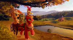 Size: 900x500 | Tagged: dead source, safe, artist:reddwin, apple bloom, applejack, big macintosh, granny smith, earth pony, pony, g4, journey, lake, leaves, male, reflection, scenery, singing, stallion, sweet apple acres, water