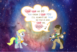 Size: 1024x690 | Tagged: safe, artist:arimovergremrider, derpy hooves, doctor whooves, time turner, earth pony, pony, g4, alternate hairstyle, blushing, british, clothes, doctor who, dress, guitar, heart, love me do, male, muffin, musical instrument, necktie, ship:doctorderpy, shipping, song, song reference, space, stallion, straight, the beatles