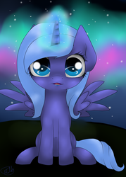 Size: 2000x2800 | Tagged: safe, artist:duddle-bug, princess luna, g4, aurora borealis, cute, female, filly, high res, looking at you, magic, sitting, solo, spread wings, woona