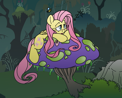 Size: 2500x2000 | Tagged: safe, artist:dfectivedvice, artist:jackiephantom13, artist:pananovich, fluttershy, bee, insect, pegasus, pony, g4, colored, everfree forest, female, forest, giant mushroom, high res, mushroom, sleepy, solo, waking up