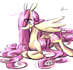 Size: 1200x1150 | Tagged: safe, artist:rwl, fluttershy, g4, cute, female, hair, long hair, long mane, looking at you, mane, prone, shyabetes, smiling, solo, spread wings