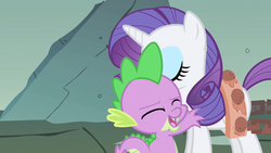 Size: 1280x720 | Tagged: safe, screencap, rarity, spike, a dog and pony show, g4, my little pony: friendship is magic, hug, spikelove