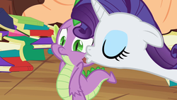 Size: 1280x720 | Tagged: safe, screencap, rarity, spike, dragon, pony, unicorn, g4, my little pony: friendship is magic, secret of my excess, book, cheek kiss, female, kiss mark, kissing, lipstick, male, mare, shipping fuel