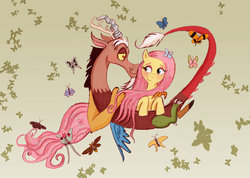 Size: 1024x730 | Tagged: safe, artist:praysforaprankster, discord, fluttershy, butterfly, draconequus, insect, moth, pegasus, pony, g4, duo, female, male, nuzzling, ship:discoshy, shipping, straight