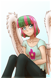 Size: 900x1353 | Tagged: safe, artist:inuhoshi-to-darkpen, blossomforth, human, fanfic:the life and times of a winning pony, winningverse, g4, cute, female, freckles, humanized, shoulder freckles, solo, winged humanization