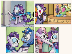Size: 1594x1209 | Tagged: safe, edit, idw, babs seed, doctor cure heart, rarity, sweetie belle, pony, unicorn, g4, spoiler:comic, spoiler:comicff13, alarm clock, and then there's rarity, bed, cape, clothes, comic, cropped, doctor, door, eyes closed, eyeshadow, female, filly, glasses, gloves, head mirror, looking at each other, loss (meme), lying down, magic, makeup, male, mare, open mouth, quill, shirt, shocked, spa pony, stallion, telekinesis, thermometer, unnamed character, unnamed pony