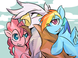 Size: 1200x898 | Tagged: safe, artist:tyuubatu, gilda, pinkie pie, rainbow dash, earth pony, griffon, pegasus, pony, g4, cloud, female, mare, sky, snuggling