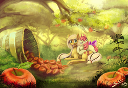 Size: 2000x1368 | Tagged: safe, artist:blindcoyote, apple bloom, applejack, earth pony, pony, g4, apple, female, filly, foal, mare