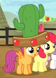 Size: 312x436 | Tagged: safe, screencap, apple bloom, scootaloo, sweetie belle, earth pony, pegasus, pony, unicorn, appleoosa's most wanted, g4, animated, bow, cactus hat, cute, cutealoo, cutie mark crusaders, female, filly, giant hat, gif, hair bow, hat, hat pop, open mouth, smiling