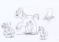 Size: 3401x2429 | Tagged: safe, artist:yellowrobin, apple bloom, scootaloo, sweetie belle, trouble shoes, earth pony, pegasus, pony, unicorn, appleoosa's most wanted, g4, cutie mark crusaders, grayscale, high res, monochrome, squish, thought bubble, trampling, unshorn fetlocks
