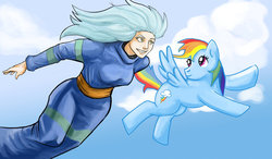 Size: 900x525 | Tagged: safe, artist:zippedbinders, rainbow dash, g4, crossover, flying, ryoko, tenchi muyo