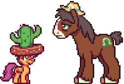 Size: 396x268 | Tagged: safe, artist:mrponiator, scootaloo, trouble shoes, earth pony, pegasus, pony, appleoosa's most wanted, g4, animated, cactus hat, female, filly, giant hat, hat, looking at each other, male, pixel art, season 5 pixel art, simple background, smiling, stallion, transparent background, unshorn fetlocks