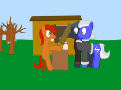 Size: 1052x780 | Tagged: safe, artist:minty candy, oc, oc only, oc:night strike, oc:static charge, earth pony, pegasus, pony, fallout equestria, fallout equestria: empty quiver, clothes, jacket, shack, stall, tree