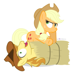 Size: 900x870 | Tagged: safe, artist:dm29, applejack, braeburn, earth pony, pony, appleoosa's most wanted, g4, cousins, duo, female, hay bale, hayburn, male, mare, simple background, stallion, transparent background