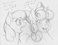 Size: 1650x1275 | Tagged: safe, artist:latecustomer, apple bloom, sweetie belle, g4, accessory theft, monochrome
