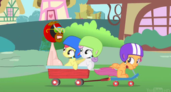 Size: 849x460 | Tagged: safe, edit, screencap, apple bloom, scootaloo, sweetie belle, g4, homestar runner, senor cardgage, wagon