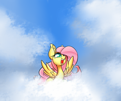 Size: 1600x1333 | Tagged: safe, artist:madacon, fluttershy, pegasus, pony, g4, cloud, cloudy, cute, female, happy, mare, shyabetes, sky, solo