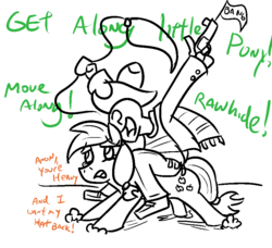 Size: 863x788 | Tagged: safe, artist:jargon scott, applejack, oc, oc:anon, earth pony, pony, g4, accessory theft, bang, clothes, cowboy hat, dialogue, funny, gun, hat, humans riding ponies, lasso, pants, poncho, riding, shoes, stetson