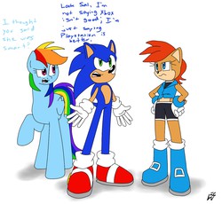 Size: 1280x1178 | Tagged: safe, artist:megaartist923, rainbow dash, g4, crossover, dialogue, male, playstation, sally acorn, simple background, sonic the hedgehog, sonic the hedgehog (series), video game, white background, why, xbox
