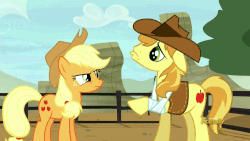 Size: 900x506 | Tagged: safe, screencap, applejack, braeburn, earth pony, pony, appleoosa's most wanted, g4, animated, duo, female, male, mare, pouting, puppy dog eyes, stallion