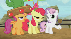 Size: 1280x713 | Tagged: safe, screencap, apple bloom, scootaloo, sweetie belle, appleoosa's most wanted, g4, cactus hat, cutie mark crusaders, giant hat, hat, out of context