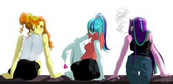 Size: 1234x602 | Tagged: safe, artist:theigi, adagio dazzle, aria blaze, sonata dusk, fanfic:we are what we are, equestria girls, g4, adagio dat-azzle, alternate hairstyle, arse-ia blaze, barefoot, cigarette, fanfic, fanfic art, fanfic cover, feet, flower, looking back, simple background, smoking, sonata donk, the dazzlings