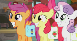 Size: 1920x1010 | Tagged: safe, screencap, apple bloom, scootaloo, sweetie belle, appleoosa's most wanted, g4, adorabloom, cute, cutealoo, cutie mark crusaders, cutie mark cuties, diasweetes, grin, pure unfiltered evil, saddle bag, smiling