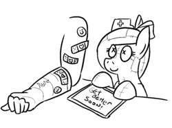 Size: 901x674 | Tagged: safe, artist:jargon scott, oc, oc:anon, oc:raggie, original species, bandaid, bow, buttons, cast, cute, doll, hair bow, hat, monochrome, nurse hat, patchwork, whiteboard