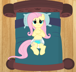 Size: 3394x3200 | Tagged: safe, artist:slb94, edit, editor:anon3434, fluttershy, pegasus, pony, g4, bad edit, bed, diaper, diaper edit, diapershy, female, hidden wings, high res, lying down, mare, non-baby in diaper, on back, solo