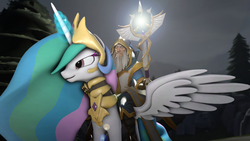 Size: 2560x1440 | Tagged: safe, artist:theinvertedshadow, princess celestia, alicorn, human, pony, g4, 3d, crossover, dota 2, keeper of the light, riding, source filmmaker