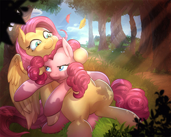 Size: 1100x880 | Tagged: safe, artist:mrscurlystyles, artist:vest, fluttershy, pinkie pie, earth pony, pegasus, pony, g4, collaboration, cuddling, duo, female, lesbian, mare, ship:flutterpie, shipping, smiling, snuggling