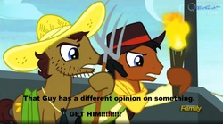 Size: 1665x925 | Tagged: safe, screencap, beuford, mccree, earth pony, pony, appleoosa's most wanted, g4, duo, image macro, male, meme, pitchfork, stallion, torch