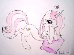 Size: 640x480 | Tagged: safe, artist:prettypinkpony, fleur-de-lis, pony, unicorn, g4, colored pencil drawing, concave belly, female, grin, happy, head in hooves, heart, looking at you, mare, pillow, slender, smiling, solo, speech bubble, thin, traditional art
