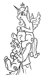 Size: 522x845 | Tagged: safe, artist:jargon scott, princess cadance, shining armor, oc, oc:anon, pony, g4, carrying, crown, cute, happy, holding a pony, monochrome, open mouth, ponies riding humans, pony hat, riding, shoulder ride, sitting, smiling, spread wings